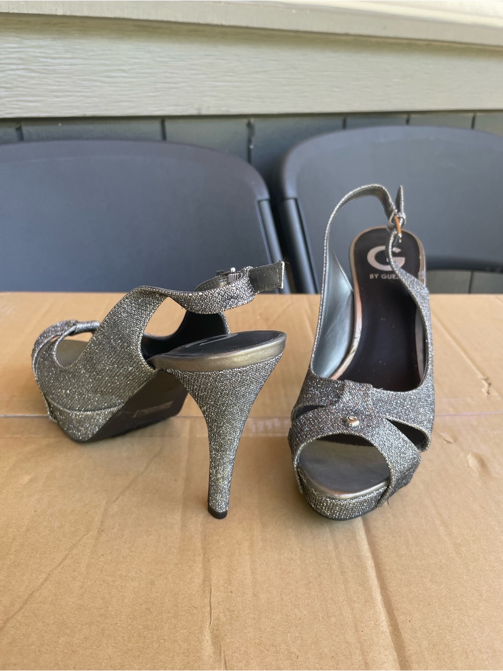 Guess Silver Glitter Platform Slingback Heels